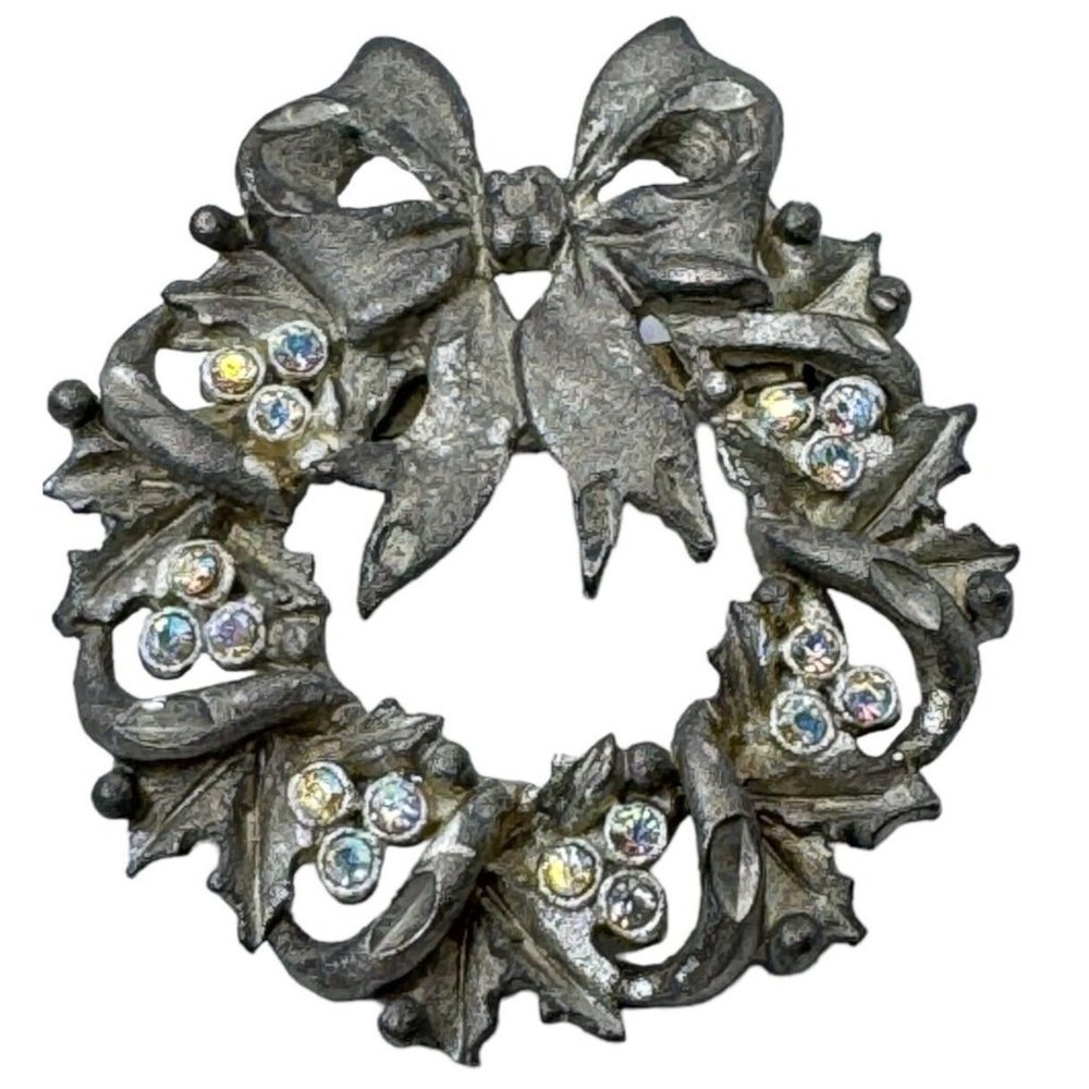 Christmas Wreath Brooch Pin Vintage Silvertone Small Rhinestones Bow Holidays - Picture 2 of 5